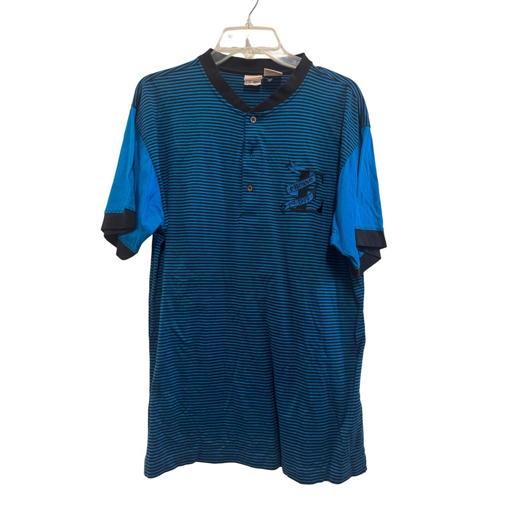 Vintage Ellesse Mens Blue Striped Henley Shirt‎ Embroidered Logo Size 42M Large
